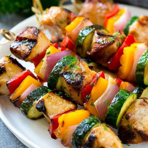 CHICKEN SKEWERS (2).(Well marinated chicken breast ,cut ) In cubes and skewed with veggies